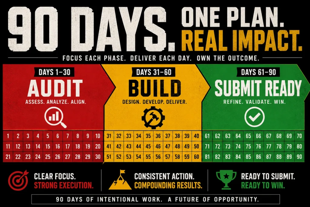 90-day EB1A evidence audit timeline divided into three phases: audit existing credentials, build missing documentation, and prepare a submit-ready cybersecurity petition package.