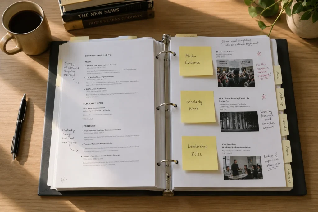 Open 28-page EB1A petition cover letter binder with sections tabbed for media evidence, scholarly work, and leadership roles — showing the documentation depth required for cybersecurity applicants.