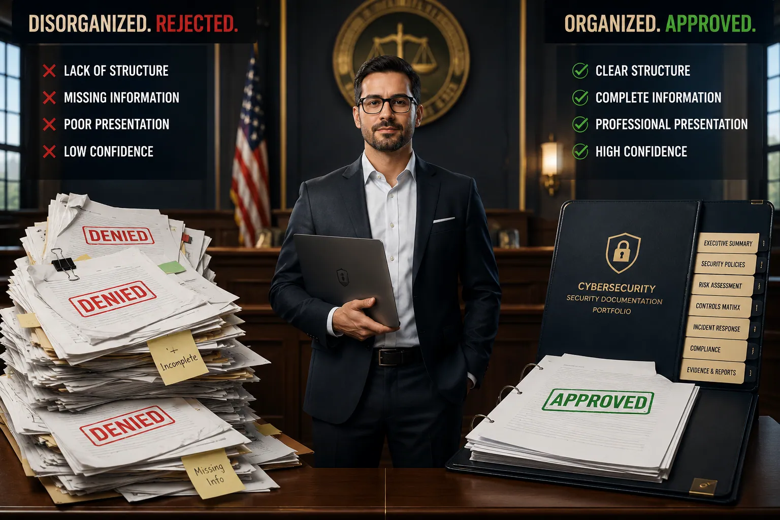 Featured Image Prompt: A split-screen courtroom-style illustration: on the left, a stack of rejected documents stamped "DENIED" in red, on the right, the same documents reorganized into a structured portfolio with a green "APPROVED" stamp — a cybersecurity professional stands confidently in the center holding a laptop, photorealistic editorial style, muted navy and gold palette. Text Image Prompt 1 (for the Evidence Table section): A clean infographic-style flat illustration of a three-column comparison table titled "What the AAO Actually Accepted," with icons for each evidence type — shield for cybersecurity publications, magnifying glass for media coverage, academic cap for scholarly articles — dark teal background, white typography, data-visualization aesthetic. Text Image Prompt 2 (for the 28-Page Cover Letter section): An overhead editorial photograph of a thick document binder open on a minimalist desk, with sticky notes marking sections labeled "Media Evidence," "Scholarly Work," "Leadership Roles" — warm natural light, coffee cup beside it, annotated margins visible, photojournalistic style. Text Image Prompt 3 (for the 90-Day Audit section): A bold typographic poster-style illustration showing a 90-day calendar with three color-coded phases: red (Days 1–30, "Audit"), amber (Days 31–60, "Build"), green (Days 61–90, "Submit Ready") — minimal geometric design, strong contrast, motivational tone.